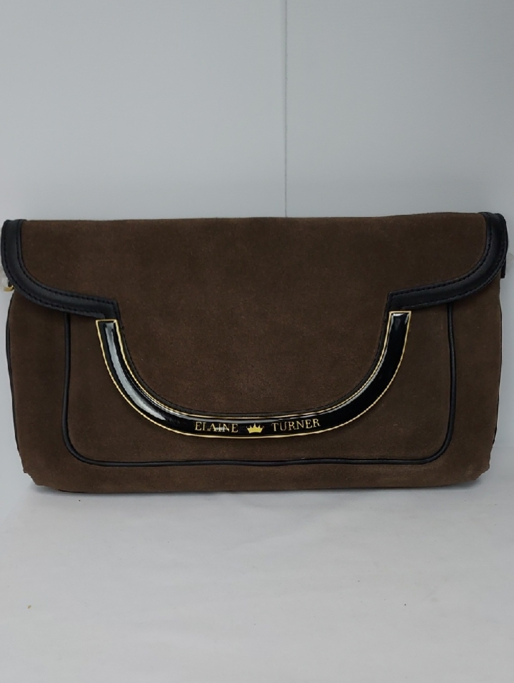 Elaine Turner Greta Brown Suede  Fold-Over Clutch with Black Leather Trim, NWT